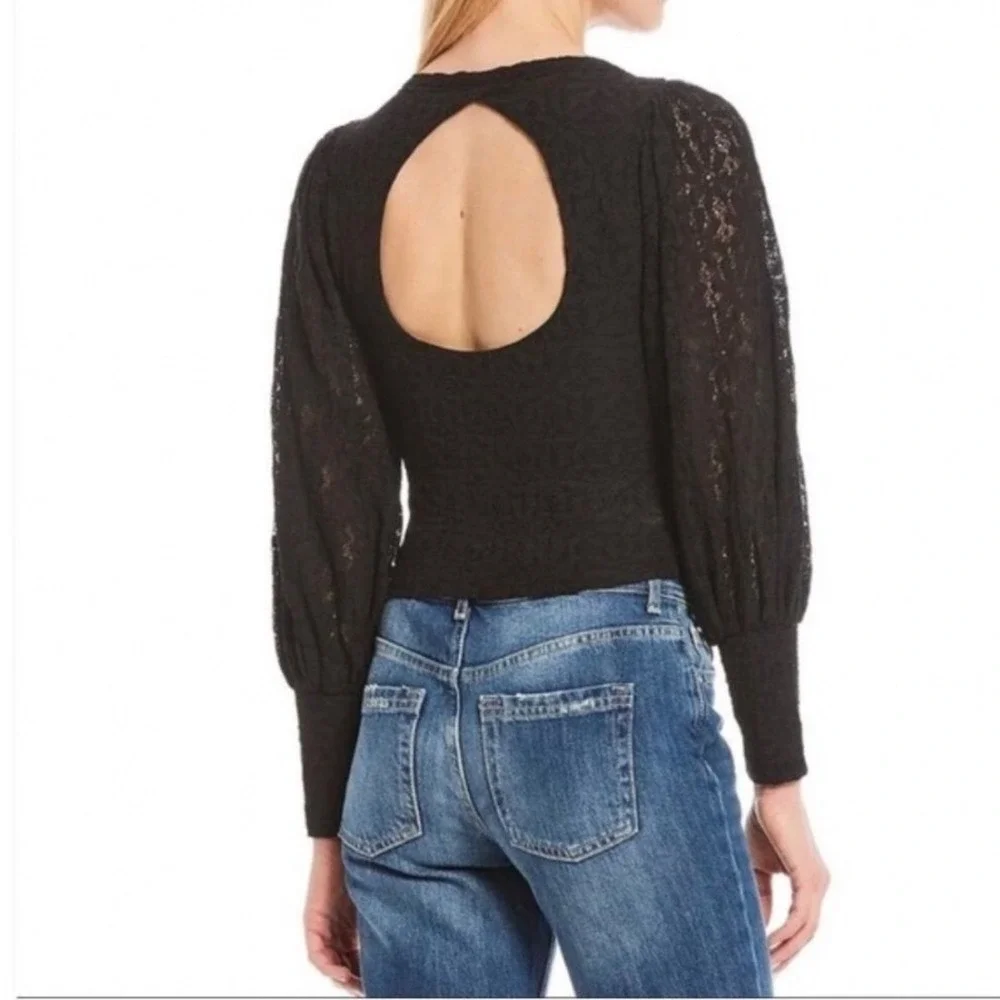 Free People Tea Time Lace Top Crop Balloon Sleeve M Black Open Back Textured